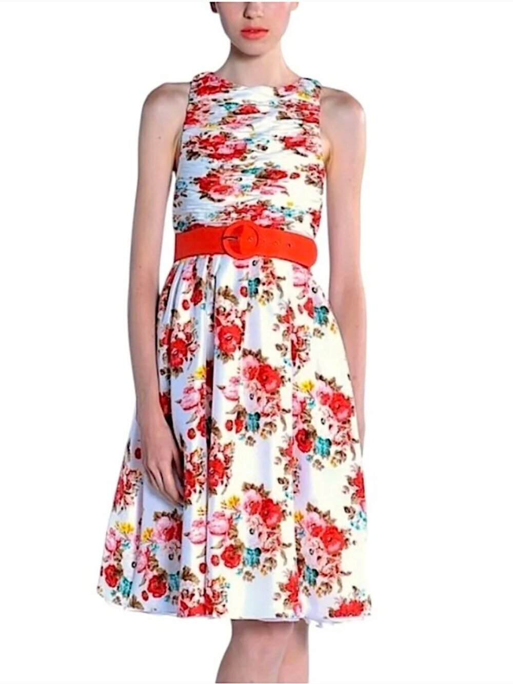 ALICE + OLIVIA Amberly Sleeveless Floral Keyhole Back Belted Fit & Flare Dress